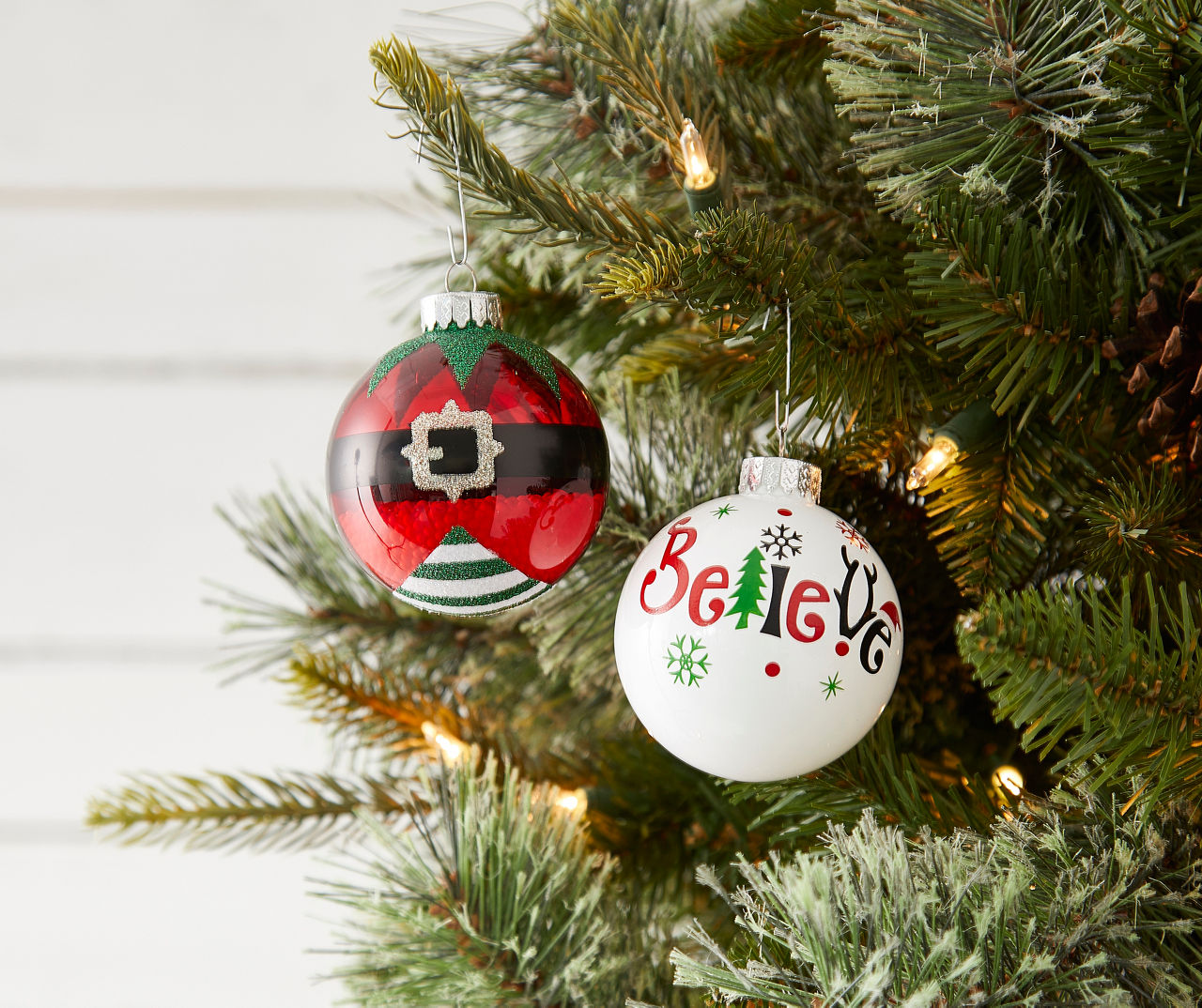 Merry & Bright "Believe" & Elf Suit 8-Piece Glass Ornament Set