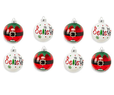 Merry & Bright "Believe" & Elf Suit 8-Piece Glass Ornament Set