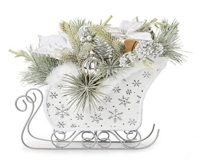 Pine & Poinsettia in White Snowflake Sleigh