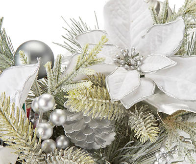Pine & Poinsettia in White Snowflake Sleigh
