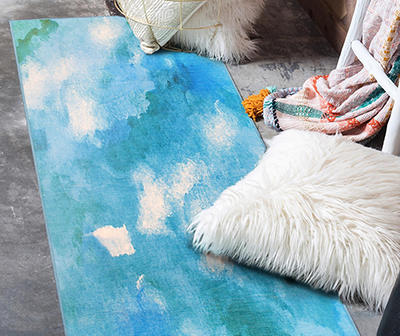 My Magic Carpet Watercolor Aqua Blue Washable Rug 2.5X7