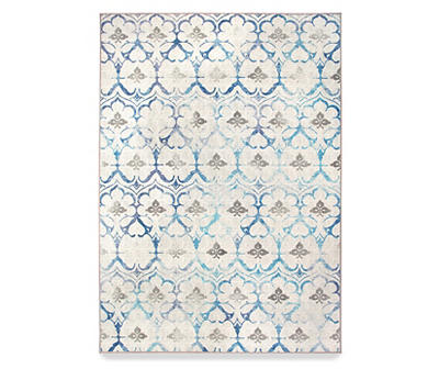 My Magic Carpet Leilani Damask Beige & Blue Washable Area Rug, (5' x 7')