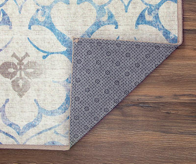 My Magic Carpet Leilani Damask Beige Blue Washable Rug 2.5X7