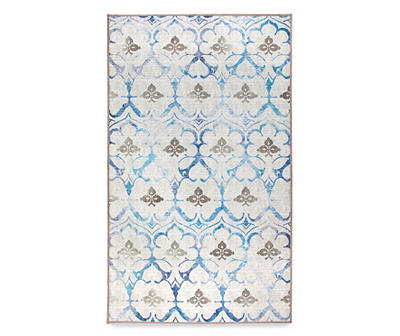 My Magic Carpet Leilani Beige & Blue Damask Washable Area Rug, (3' x 5')
