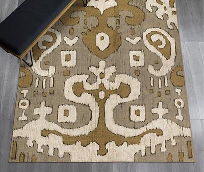 My Magic Carpet Ochre Ikat Gray & Gold Washable Area Rug, (5' x 7')