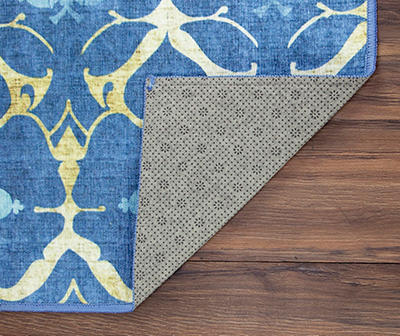 My Magic Carpet Leilani Damask Blue Washable Rug 3x5