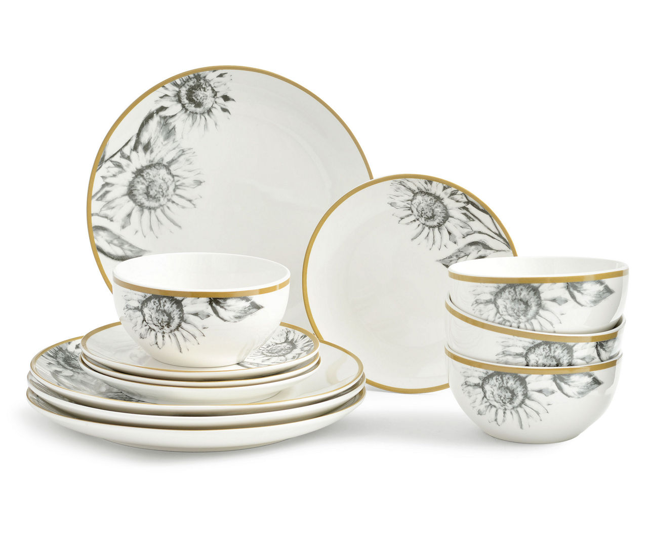 White & Black Sunflower 12-Piece Dinnerware Set