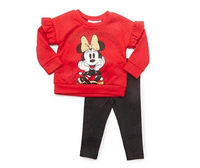 Kids' Red Ruffle-Sleeve Minnie Sweatshirt & Black Leggings