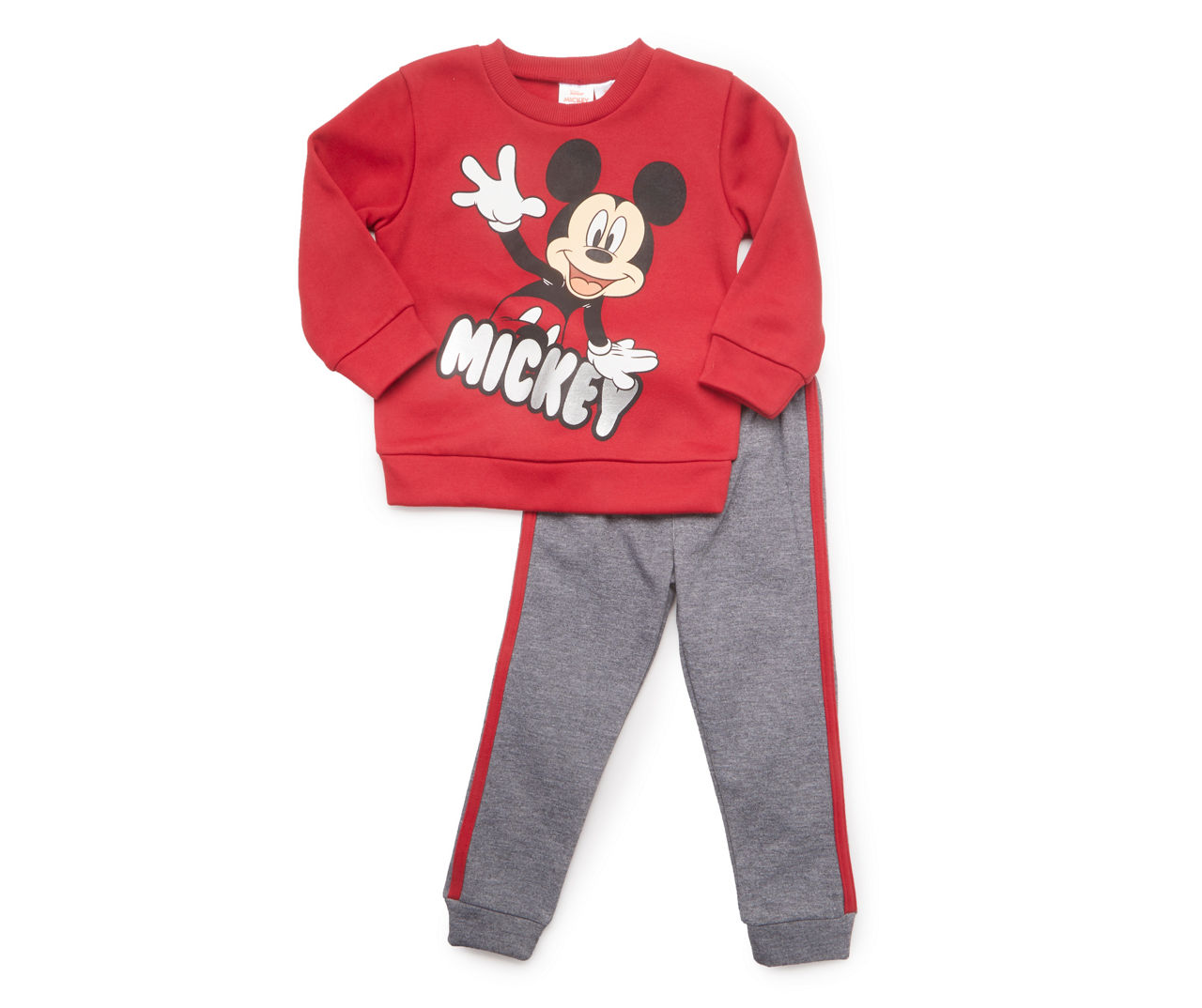 Toddler Size 2T "Mickey" Red Fleece Sweatshirt & Gray Side-Stripe Sweatpants