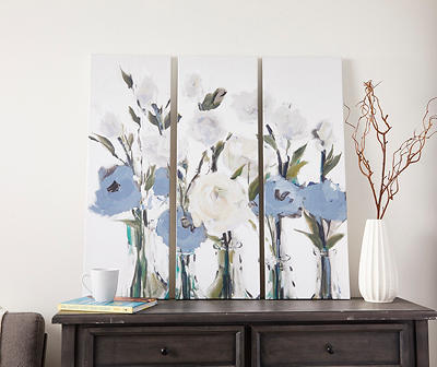 White & Blue Floral 3-Piece Triptych Wrapped Canvas Set