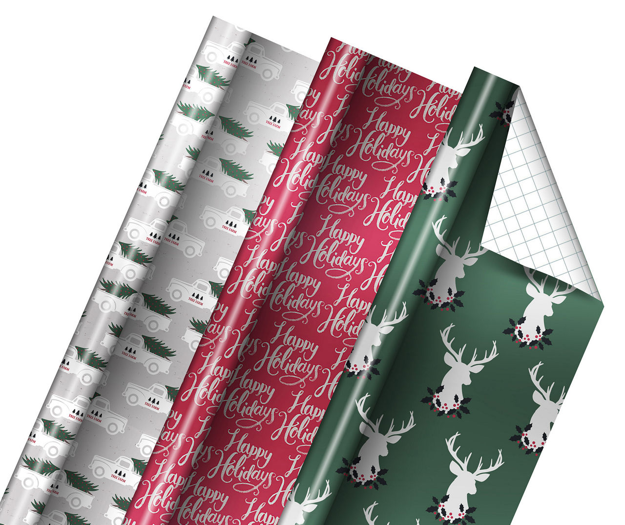 American Greetings Holiday Woodland Deer/Script/Truck Gridline Foil  Wrapping Paper - Styles May Vary