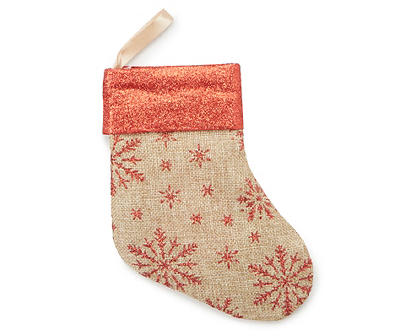 Burlap & Red Glitter Snowflake Mini Stocking