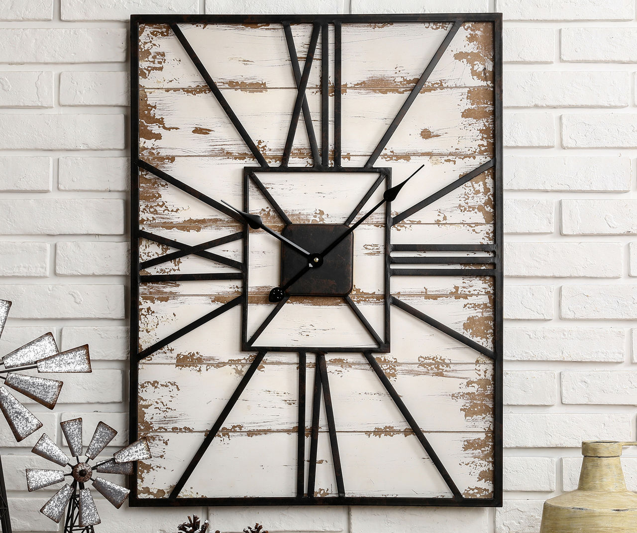 Glitzhome Whitewash Wood & Metal Square Farmhouse Wall Clock | Big