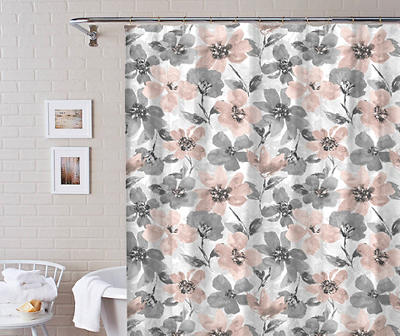 Gray & Blush Floral Copenhagen Shower Curtain & Bath Rug Set