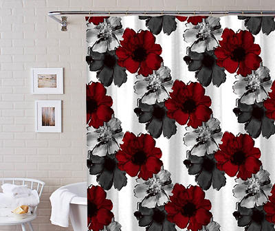 Gray & Red Floral Shower Curtain & Bath Rug Set