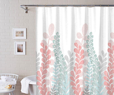 Aqua & Red Modern Leaves Shower Curtain & Bath Rug Set