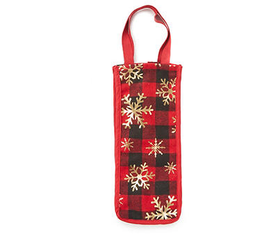 Black & Red Plaid & Snowflake Fabric Wine Bottle Bag