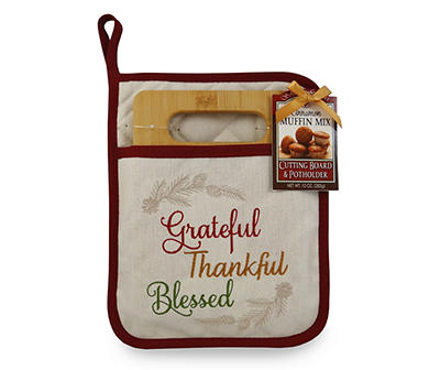"Grateful Thankful Blessed" Potholder, Cutting Board & Cinnamon Muffin Mix Set