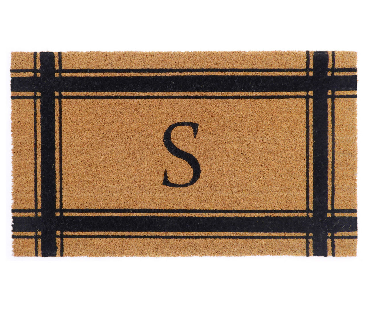 "S" Brown & Black Stripe-Border Monogram Outdoor Doormat, (29" x 17")