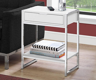 Glossy White & Chrome Metal Accent Table