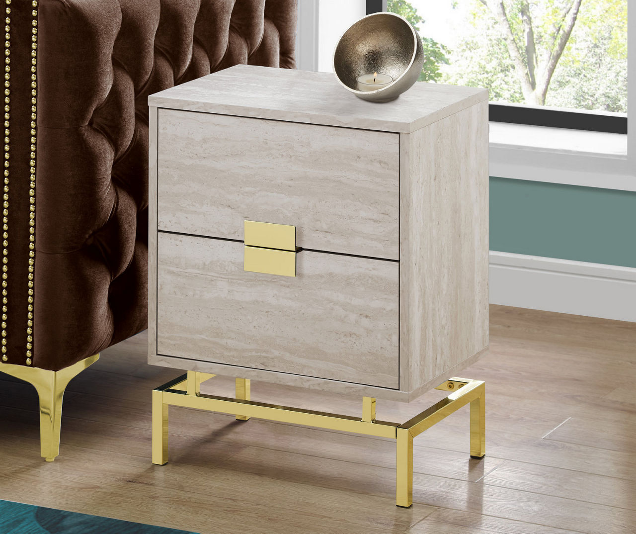 Beige Marble & Gold Metal Retro Accent Table