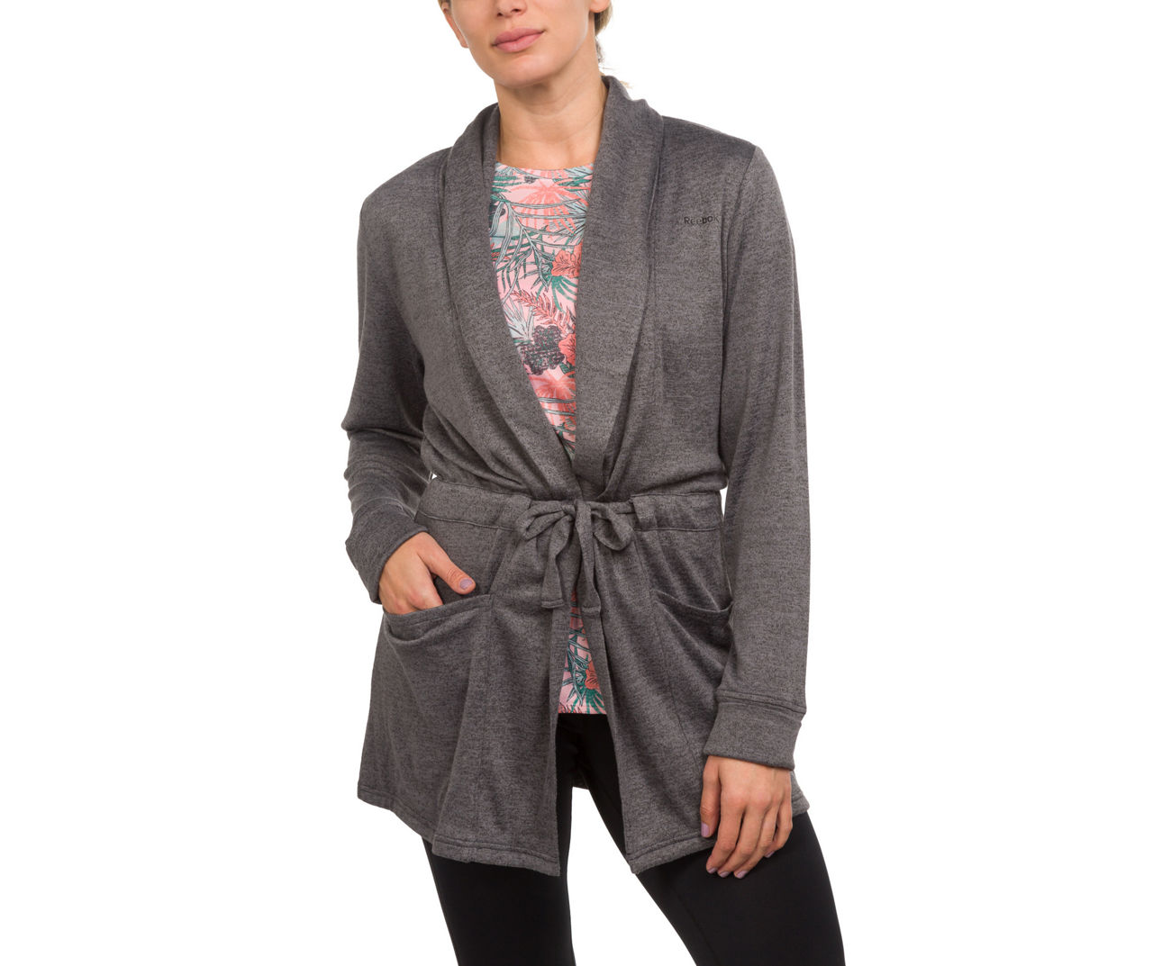 Reebok Women's Size M Dark Gray Sweater-Knit Tie-Waist Cardigan