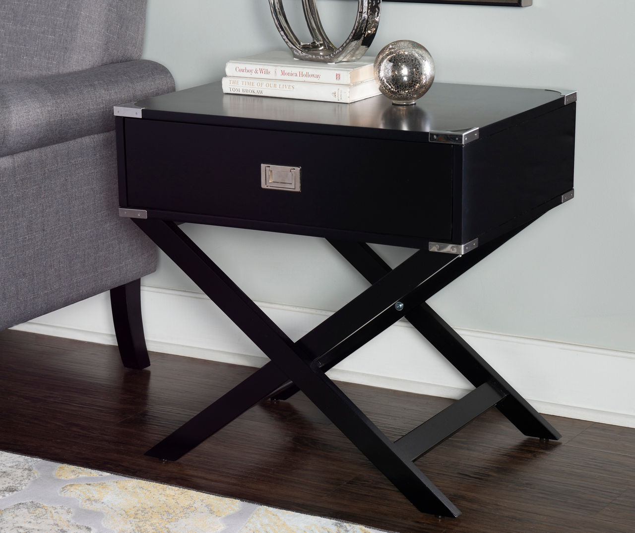 Cami Black 1-Drawer X Base Accent Table
