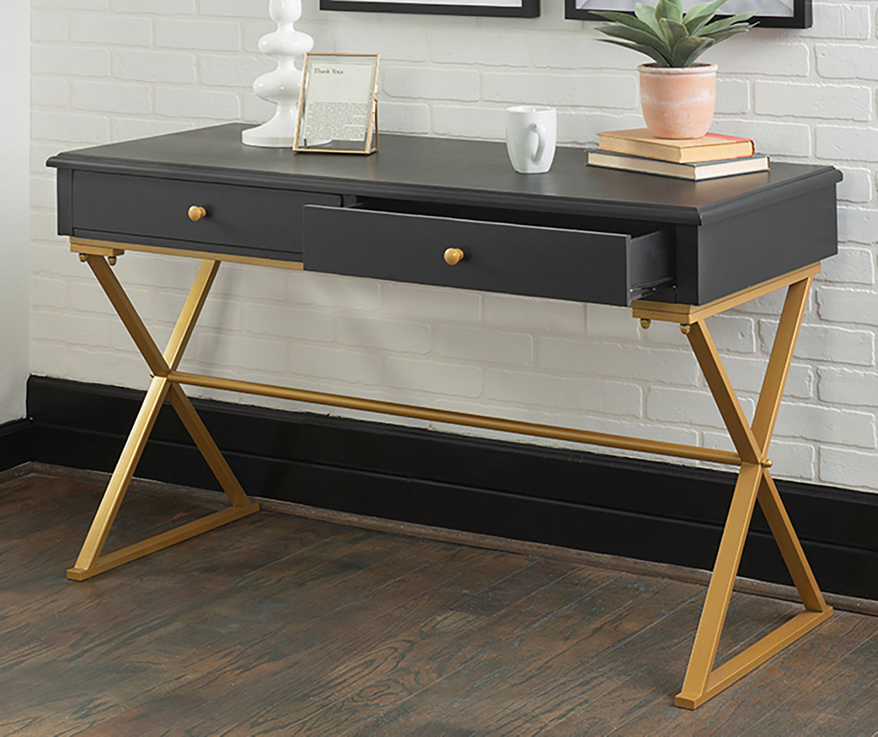 Dark Wood & Gold Double Drawer Desk