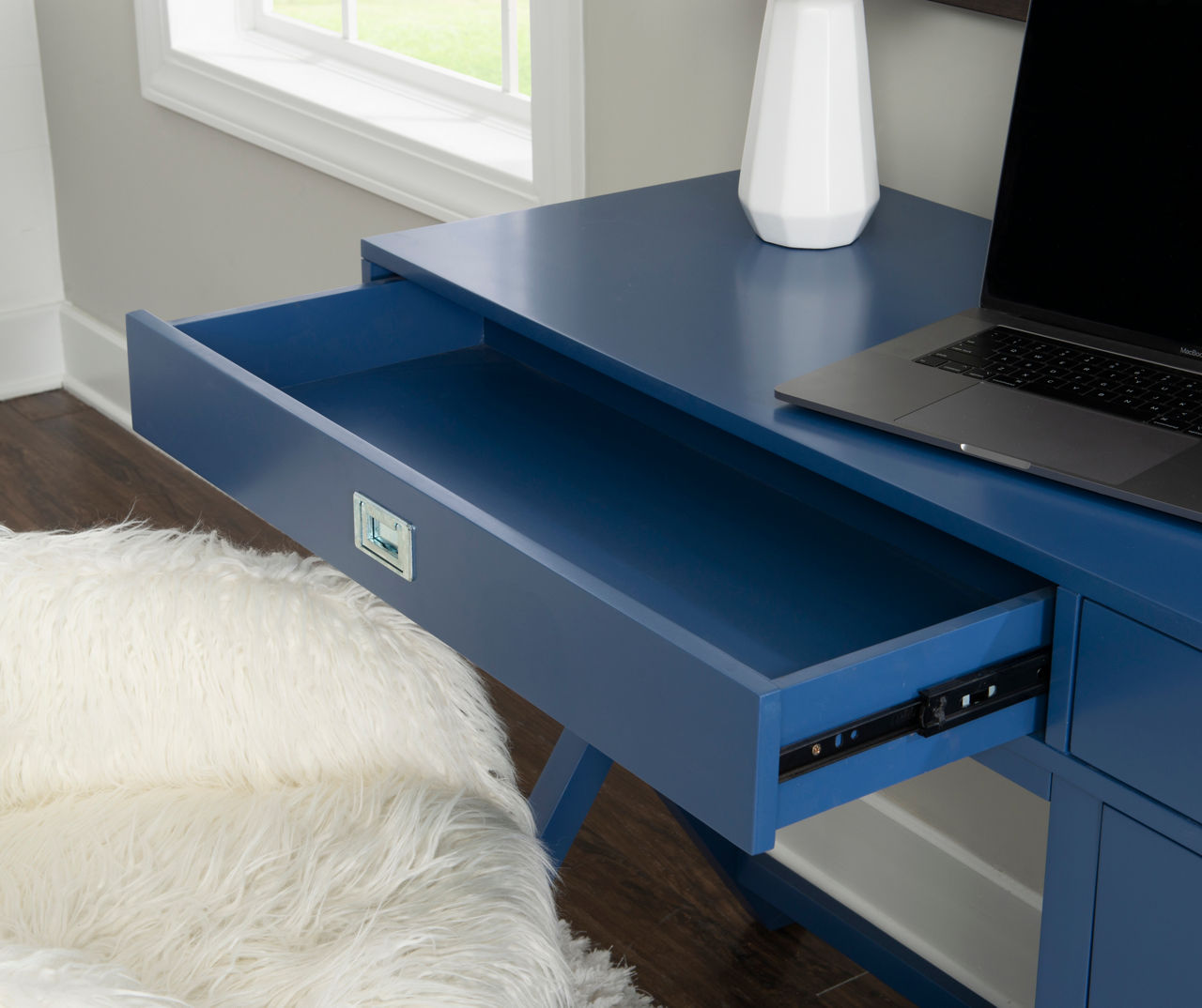 Blue computer deals desk with drawers