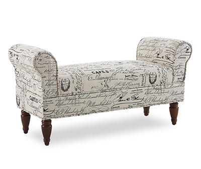 Elsie White & Dark Mahogany Upholstered Script Pattern Rolled Arm Bench
