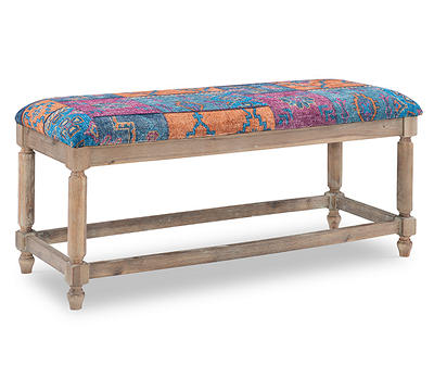 Moroccan Tapestry Upholstered Rustic Driftwood Bench