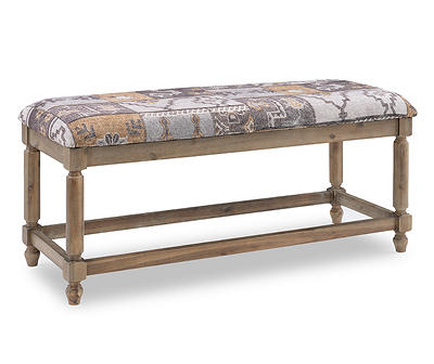 Gray Moroccan Tapestry  Upholstered Rustic Driftwood Bench