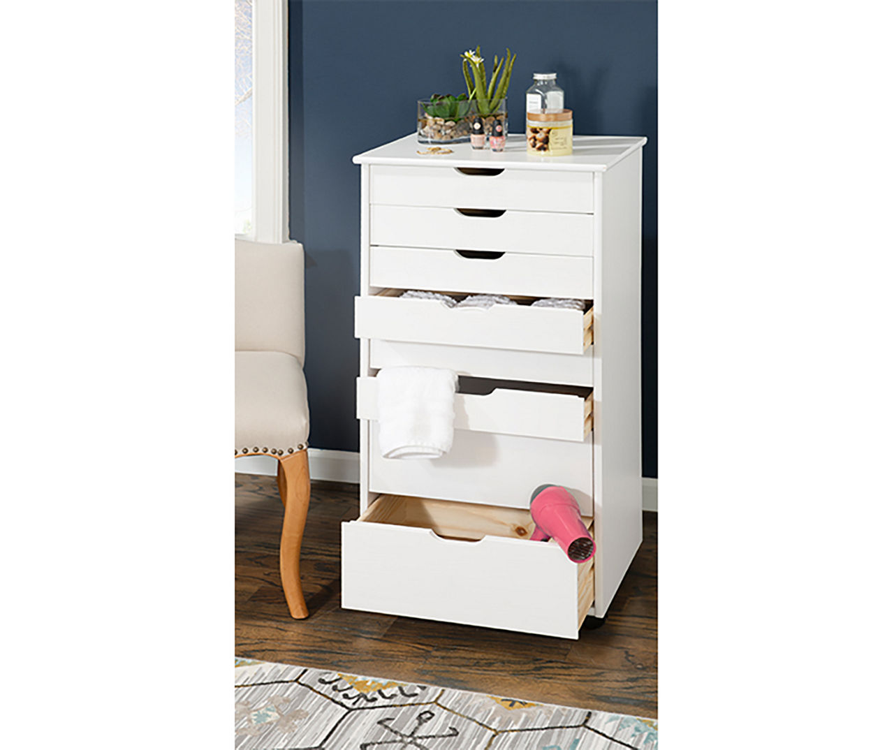 5 Drawers Chest, Wood Storage Dresser with Wheels, Craft Storage Organizer and Storage Drawer Office Drawer Unit - White