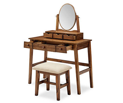 Laura 2-Piece Walnut & Beige 6-Drawer Tilting Mirror Vanity Set