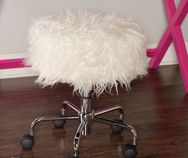 Zola White Faux Fur Rolling Swivel Stool Big Lots