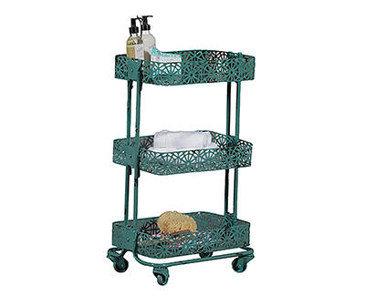 Mabry Turquoise 3-Tier Pierced Floral Rolling Cart