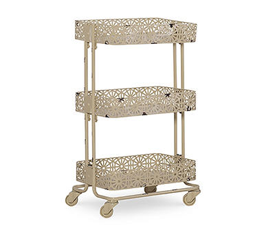 Mabry Cream 3-Tier Pierced Floral Rolling Cart