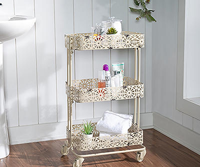 Mabry Cream 3-Tier Pierced Floral Rolling Cart
