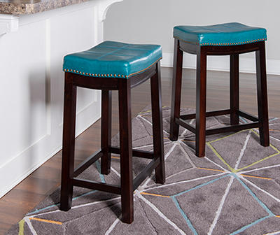 Brooke Blue & Dark Brown Faux Leather Backless Padded Counter Stool