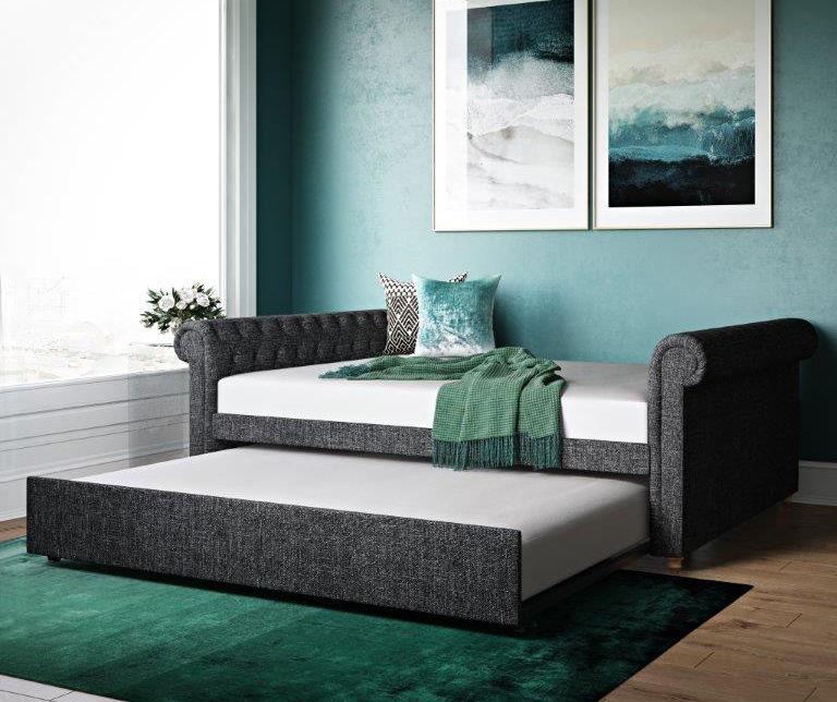 DHP Sebastian Dark Gray Upholstered Queen Daybed & Trundle