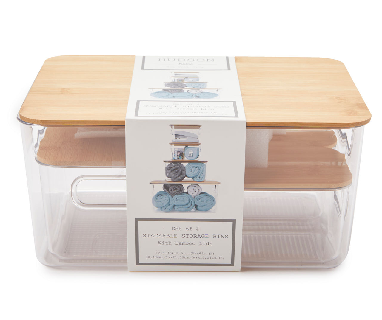Clear 4-Piece Stackable Storage Bin Set With Bamboo Lids