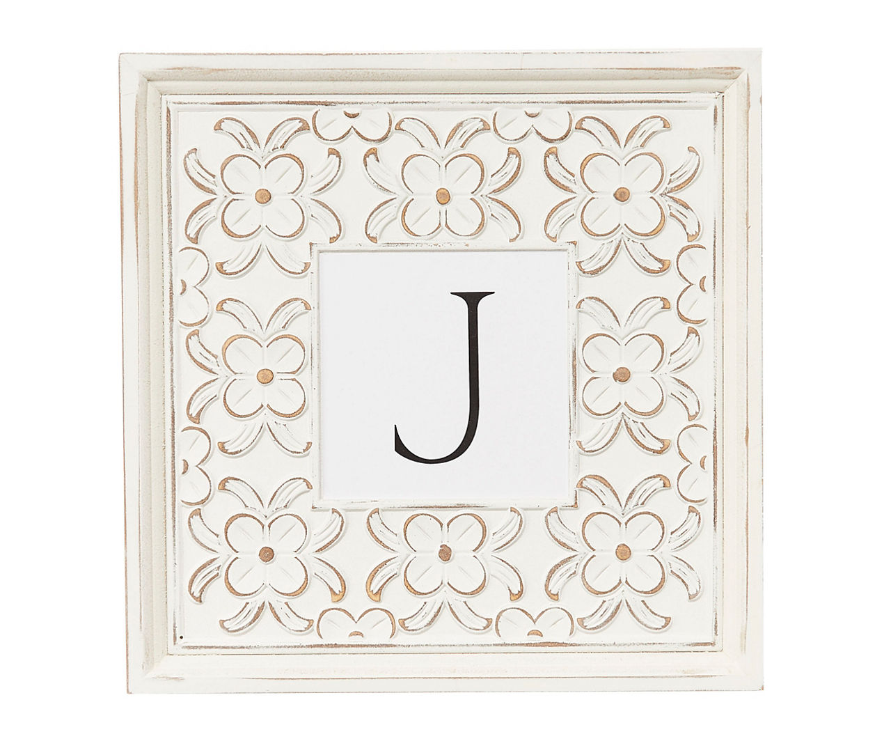 "J" White Distressed Carved Floral Monogram Square Wall Plaque