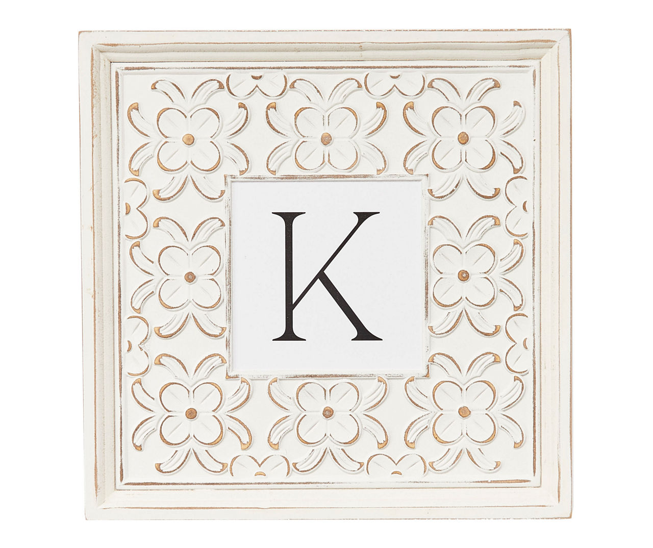 "K" White Distressed Carved Floral Monogram Square Wall Plaque