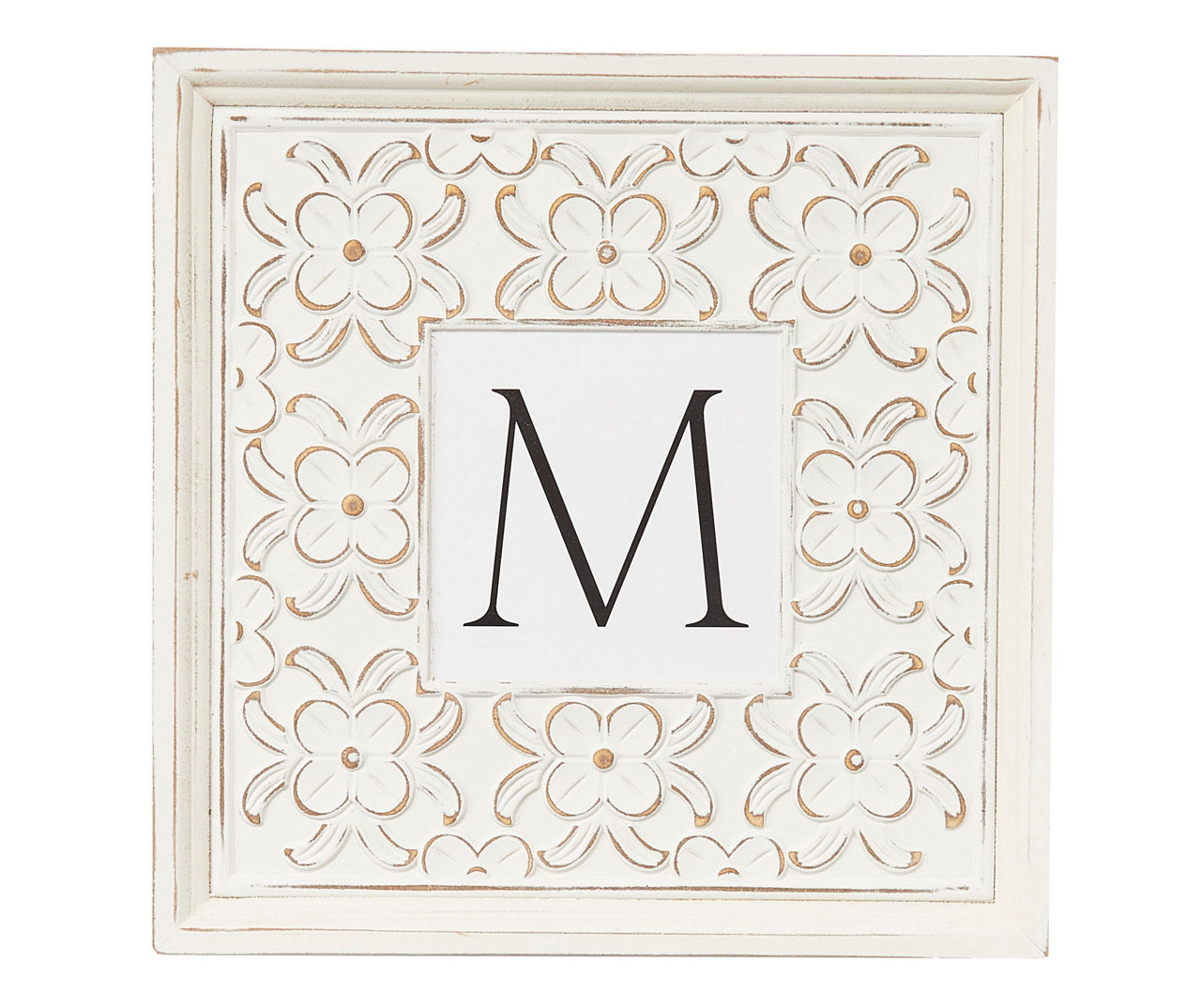 "M" White Distressed Carved Floral Monogram Square Wall Plaque
