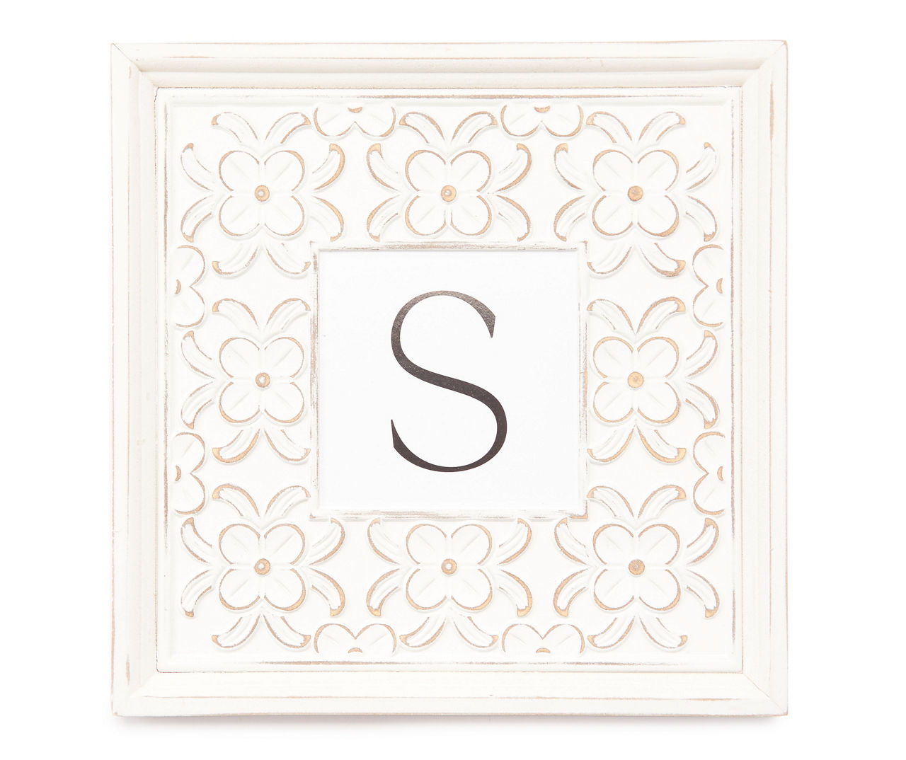 "S" White Distressed Carved Floral Monogram Square Wall Plaque