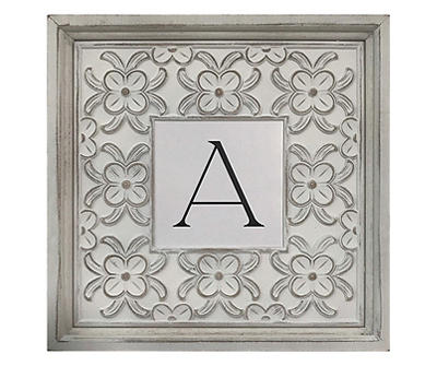 White Distressed Carved Floral Monogram Square Wall Plaque