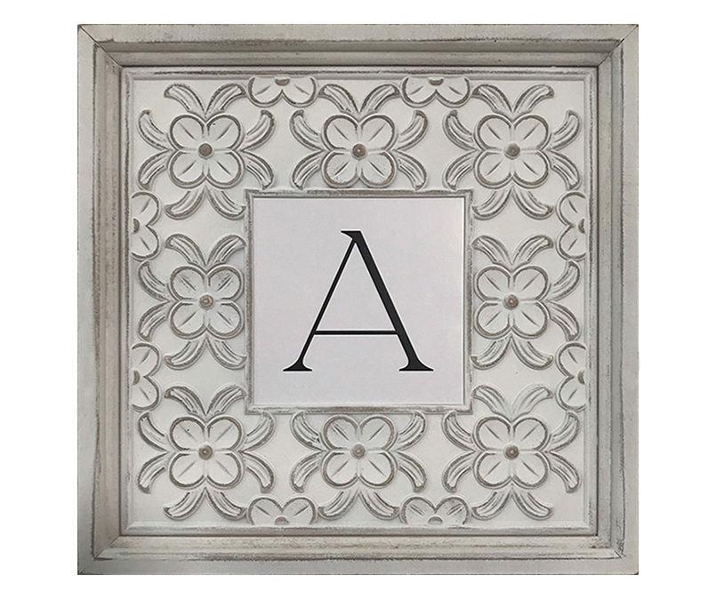 "A" White Distressed Carved Floral Monogram Square Wall Plaque