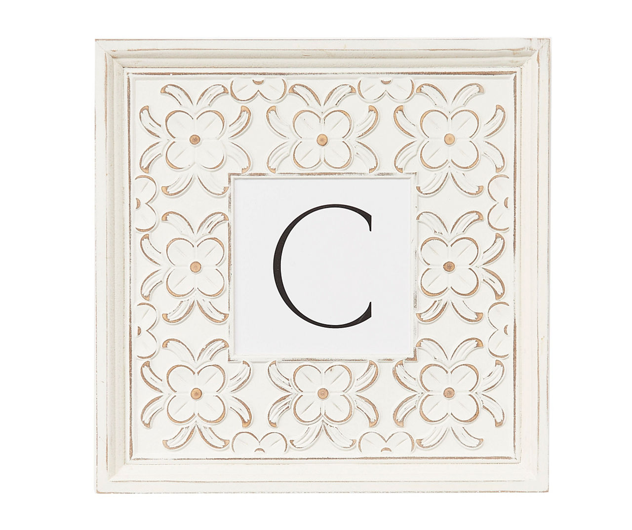 "C" White Distressed Carved Floral Monogram Square Wall Plaque