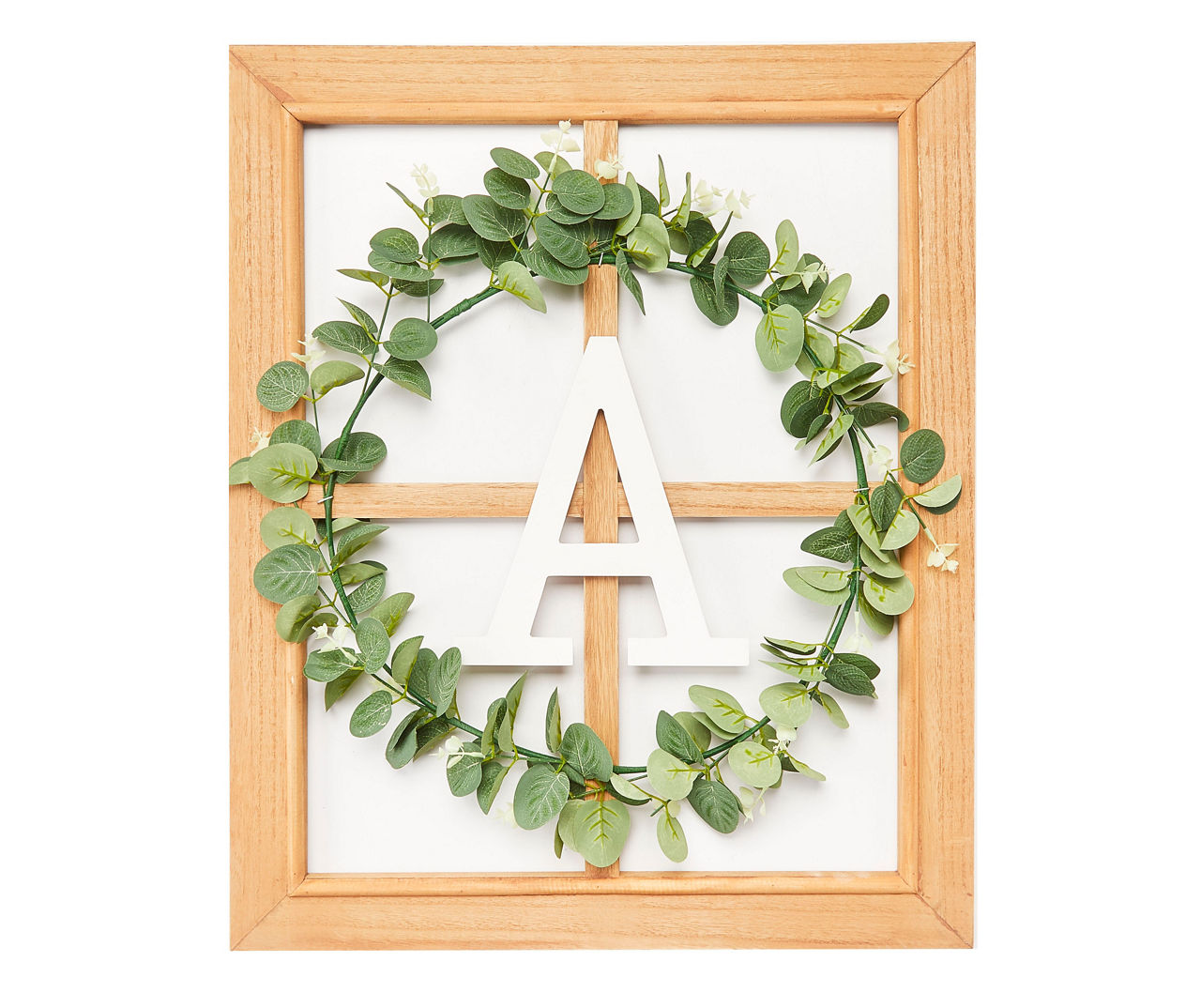 "A" Monogram Framed Windowpane Plaque with Greenery Wreath