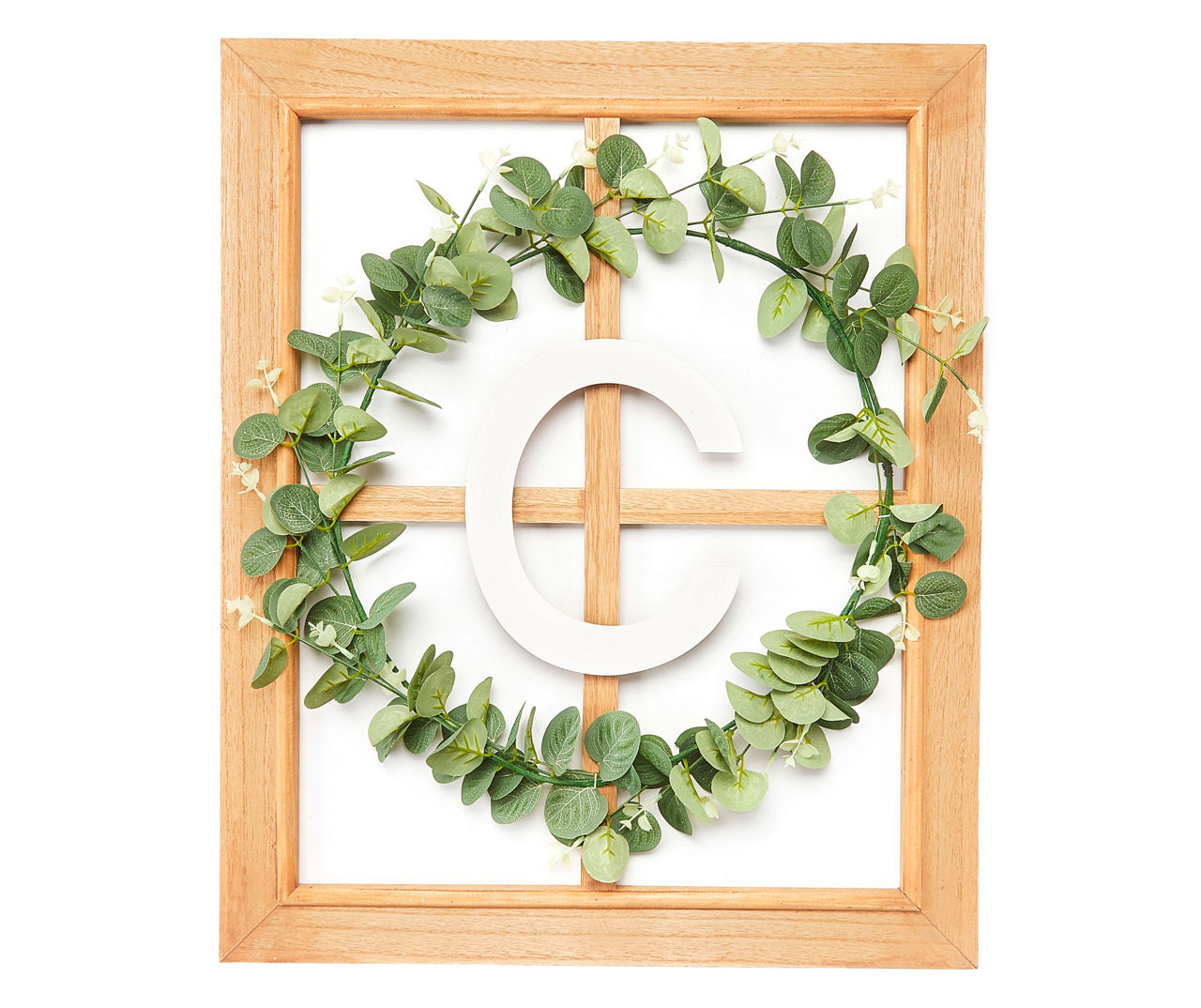 "C" Monogram Framed Windowpane Plaque with Greenery Wreath